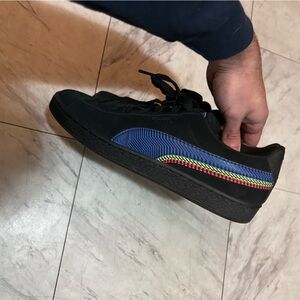 Puma Men's Suede Sneakers in Black with Blue and Red Accents